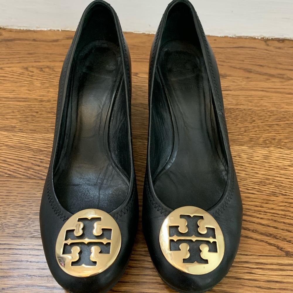 Tory Burch Black Leather Sally Wedges